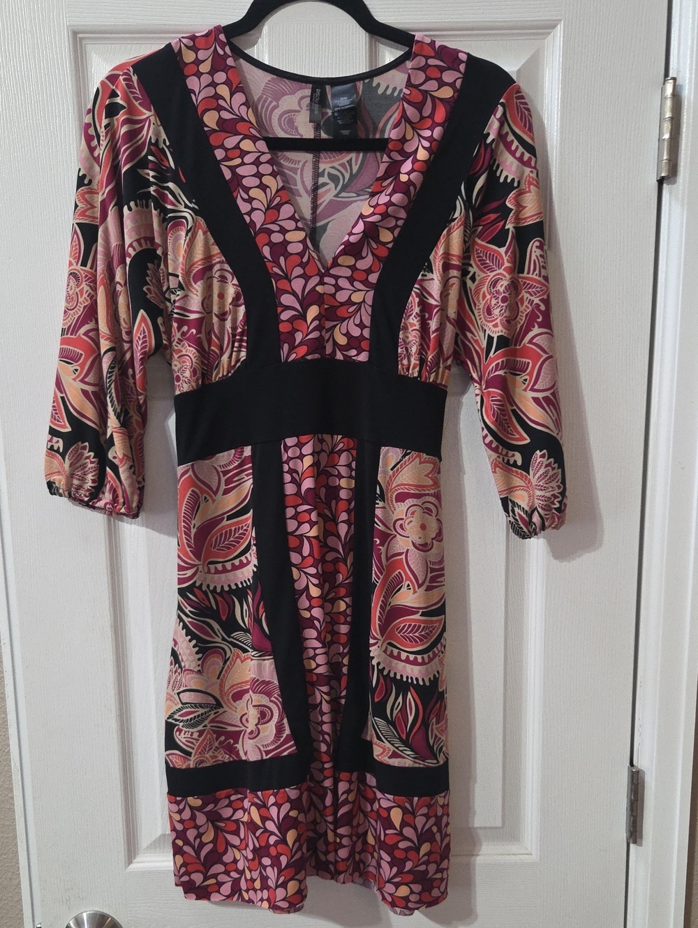 Bisou Bisou Boho Pink and Black Floral V‑Neck Long Sleeve Dress